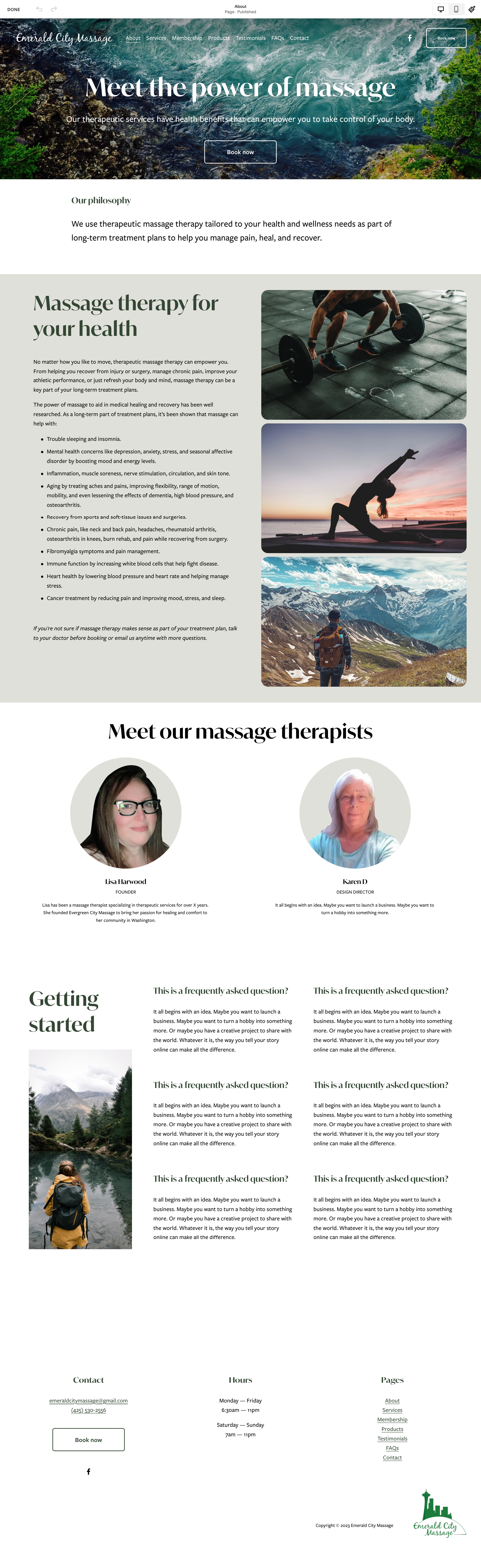 Full page design of an about page for Emerald City Massage.