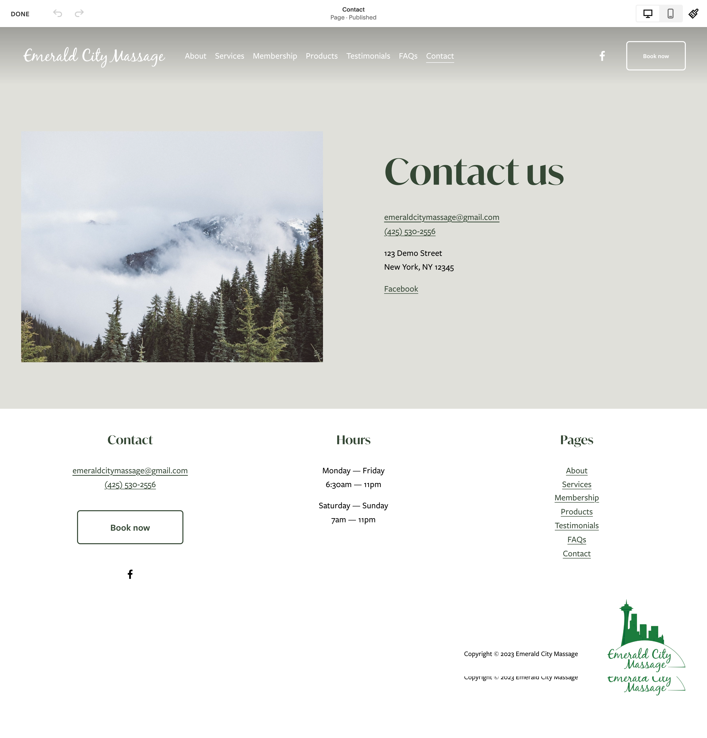 Full page design of a contact us page for Emerald City Massage.