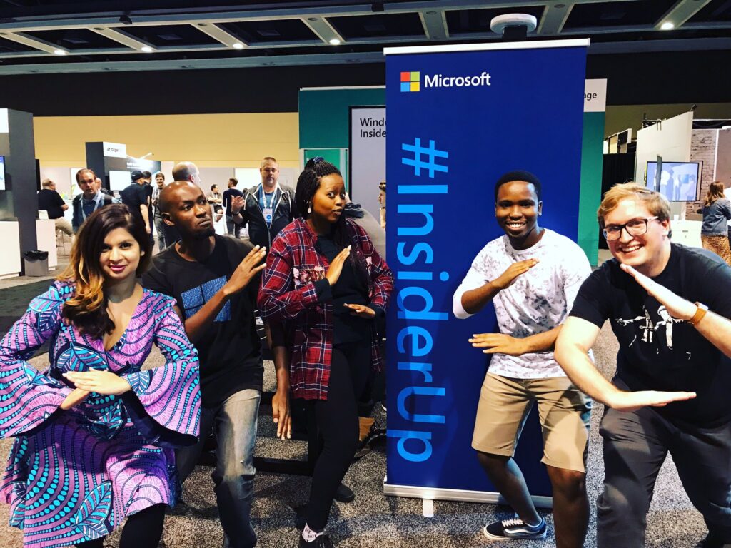 Dona and the Windows Insiders, Caleb, Vuyo, Gomo, and Michael (left to right) pose together at Microsoft Build 2020.