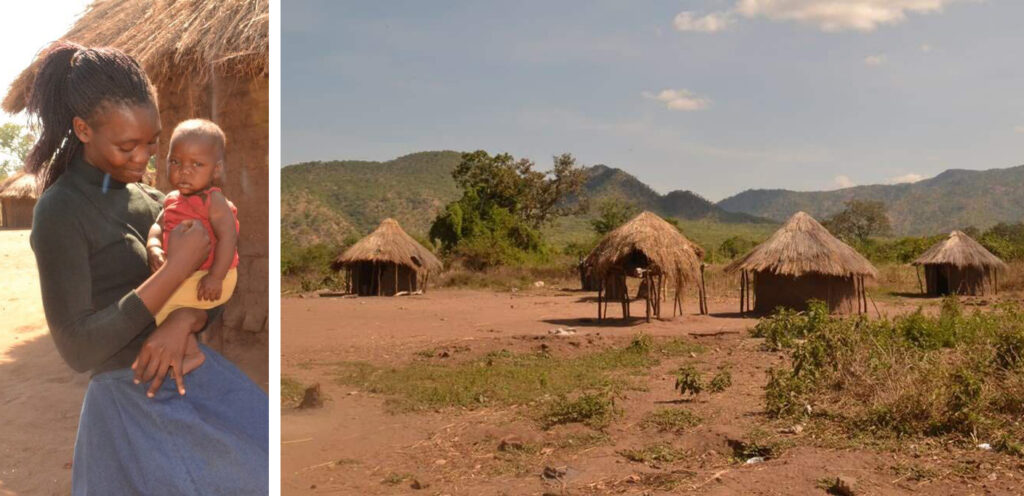 Pelagia holding a baby in Zimbabwe and a landscape view of a village in Zimbabwe.