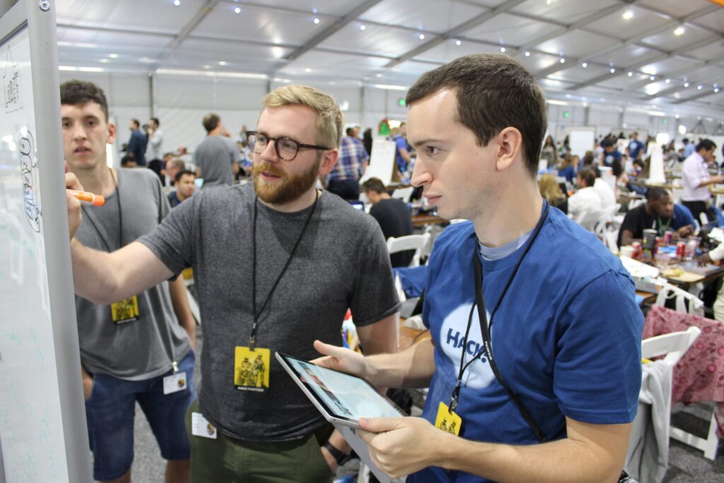 Our winning Hackathon team working on building the prototype of their app at the Hackathon.