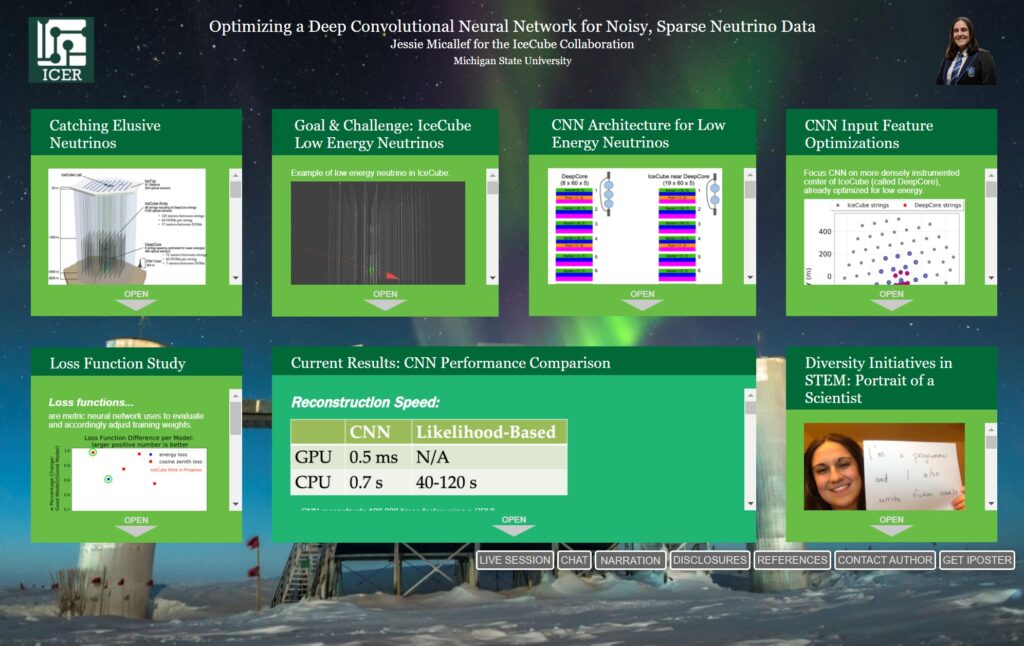 Jessie’s virtual GHC poster on optimizing a deep convolutional neural network for noisy, sparse neutrino data.