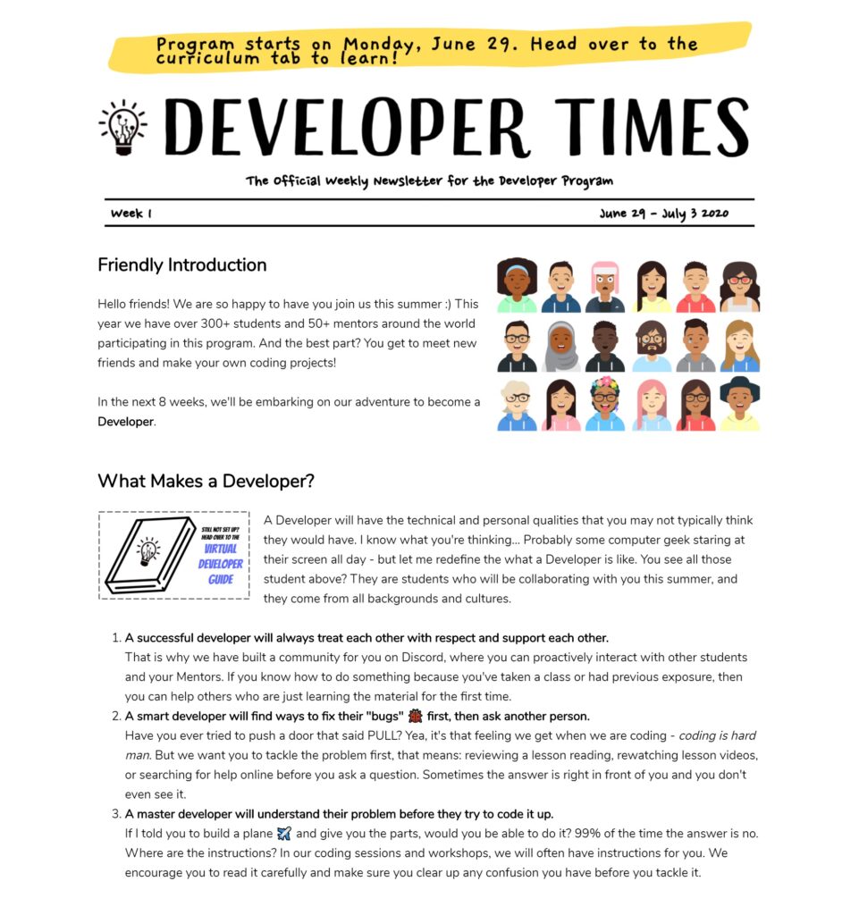 The Developer Times newsletter introducing the students to what makes a developer.