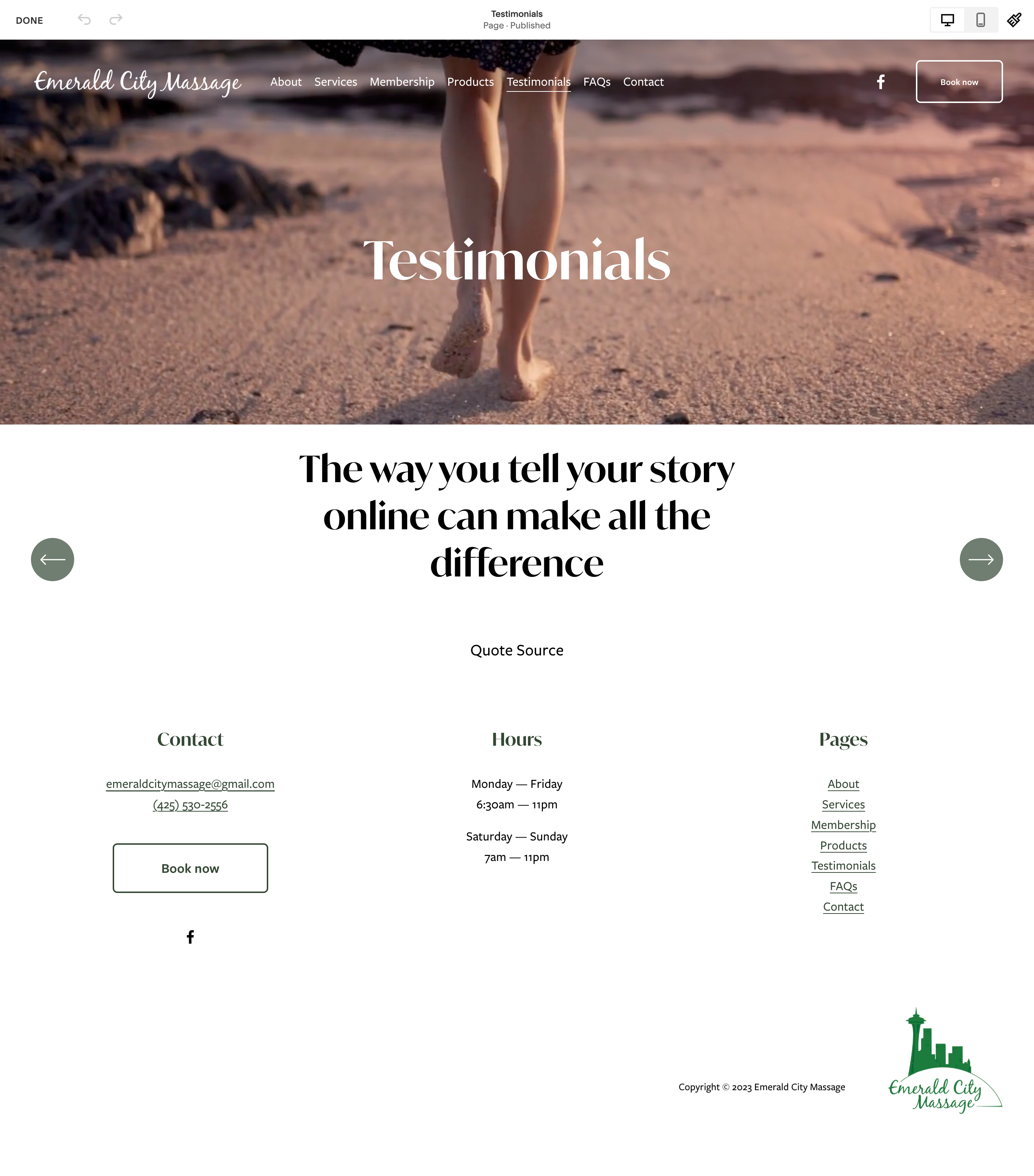 Full page design mockup of a testimonials page for Emerald City Massage.